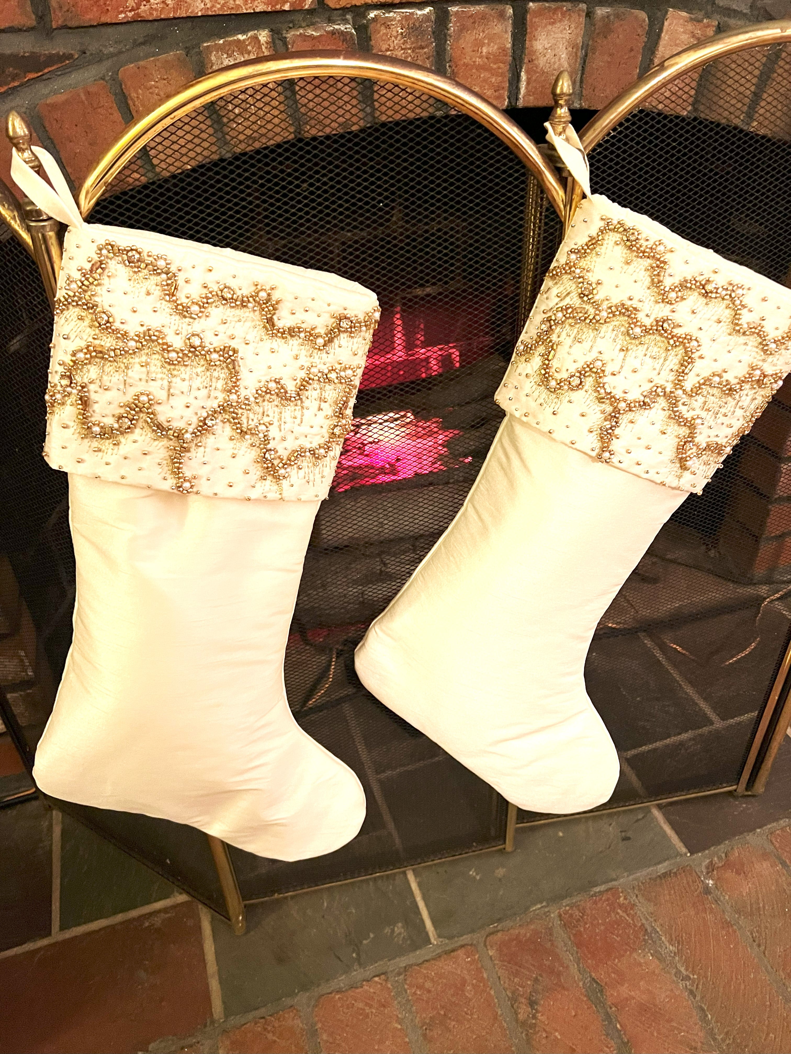 Gilded Bead Luxe Christmas Stocking   ( 20" X 7" Creamy White )
