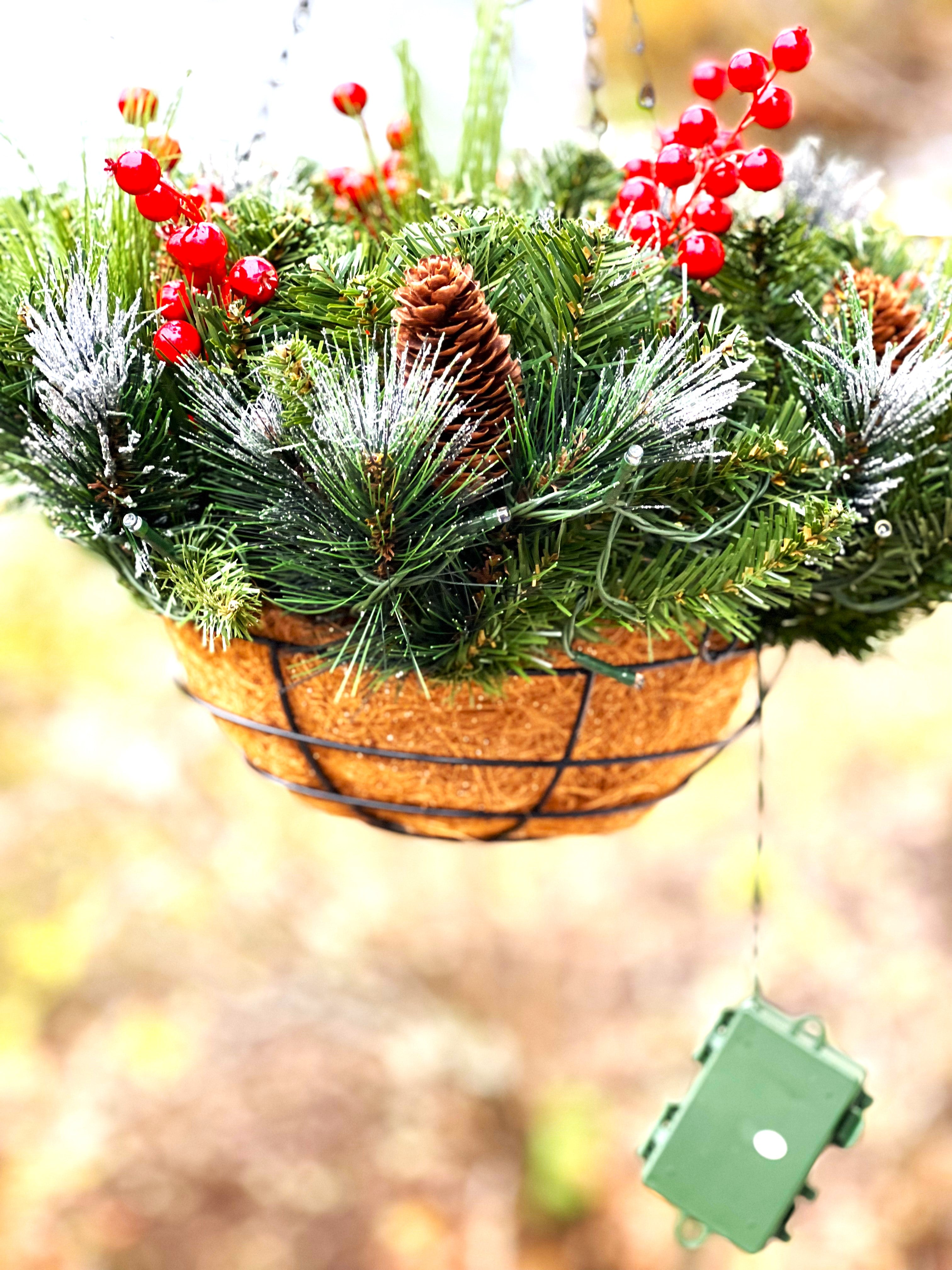 Christmas LED Lights -Berry-Pinecones Hanging Basket,20"W X10" H