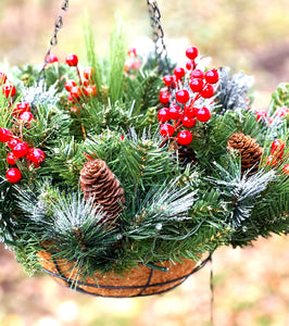 Christmas LED Lights -Berry-Pinecones Hanging Basket,20"W X10" H