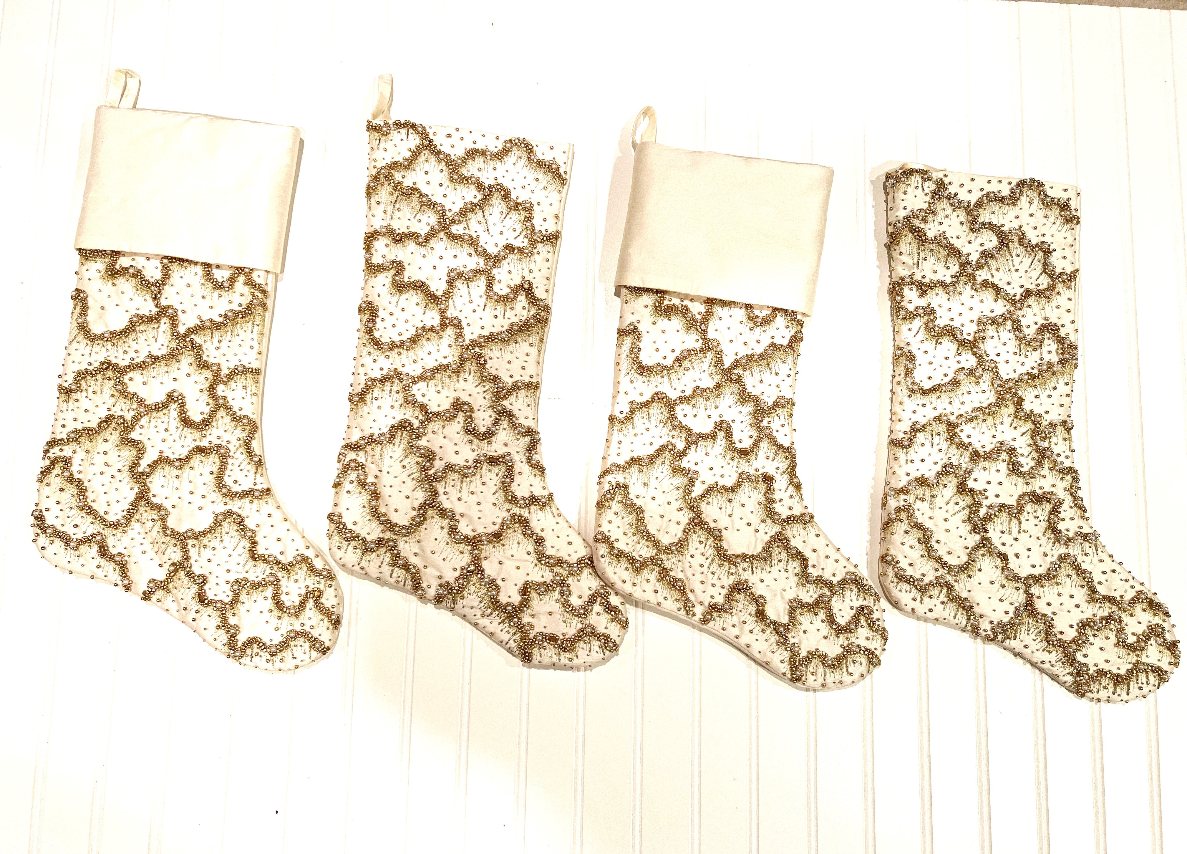 Gilded Bead Luxe Christmas Stocking   ( 20" X 7" Creamy White )