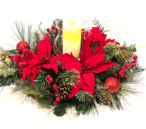Traditional Christmas Centerpiece with Glass Bowl Candle Holder, 27" L X 15" W X 7" Bowl