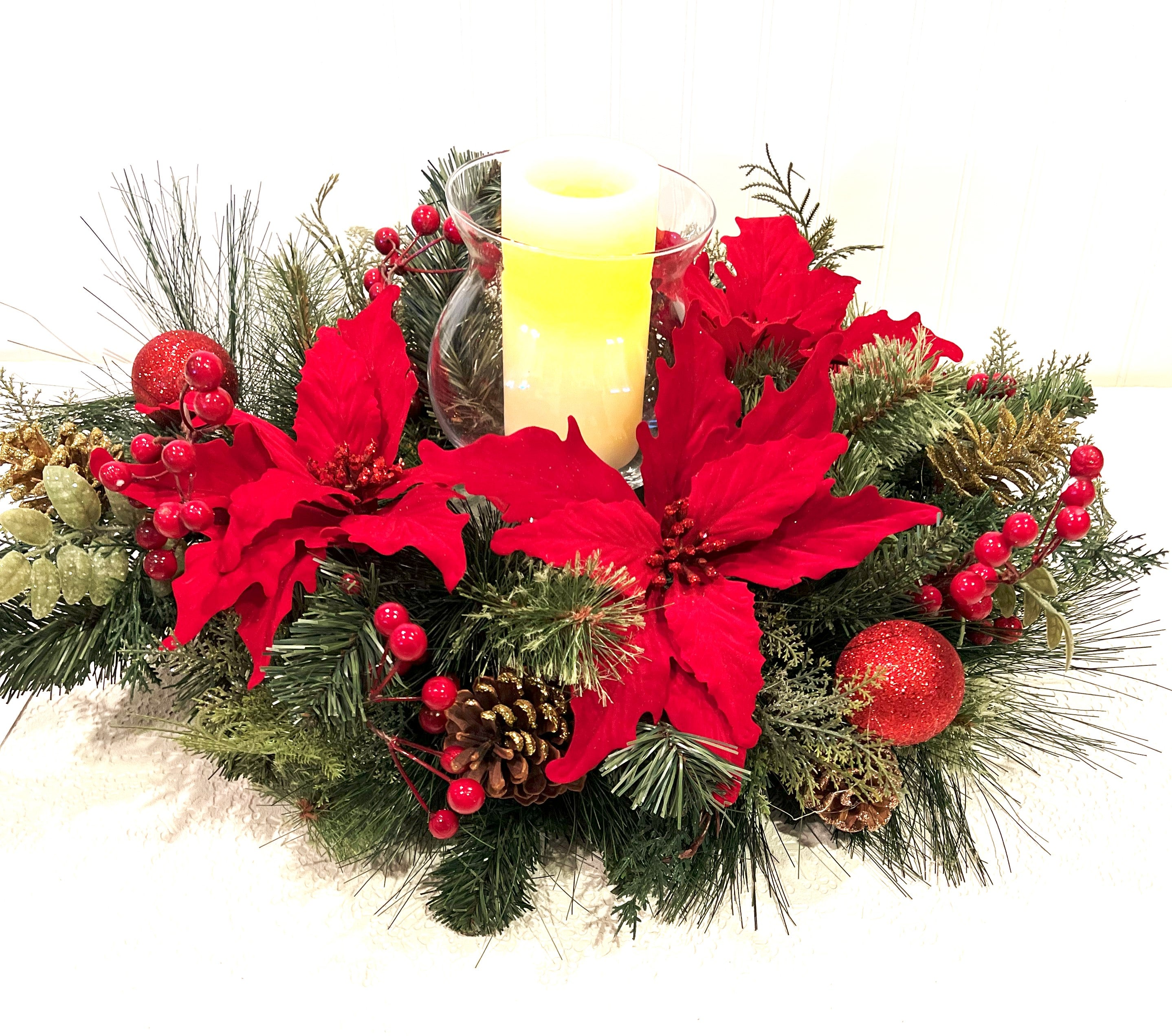 Traditional Christmas Centerpiece with Glass Bowl Candle Holder, 27" L X 15" W X 7" Bowl