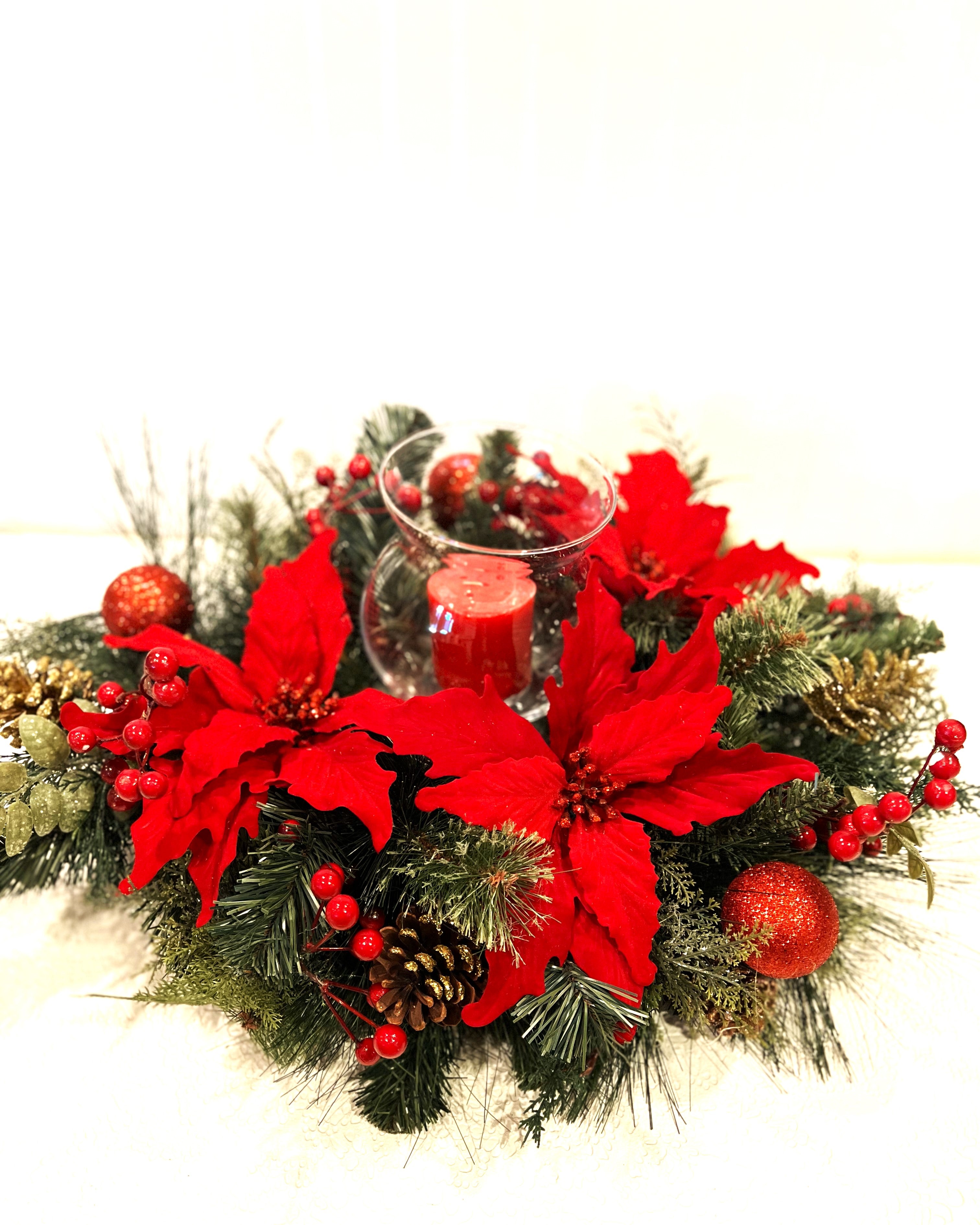 Traditional Christmas Centerpiece with Glass Bowl Candle Holder, 27" L X 15" W X 7" Bowl