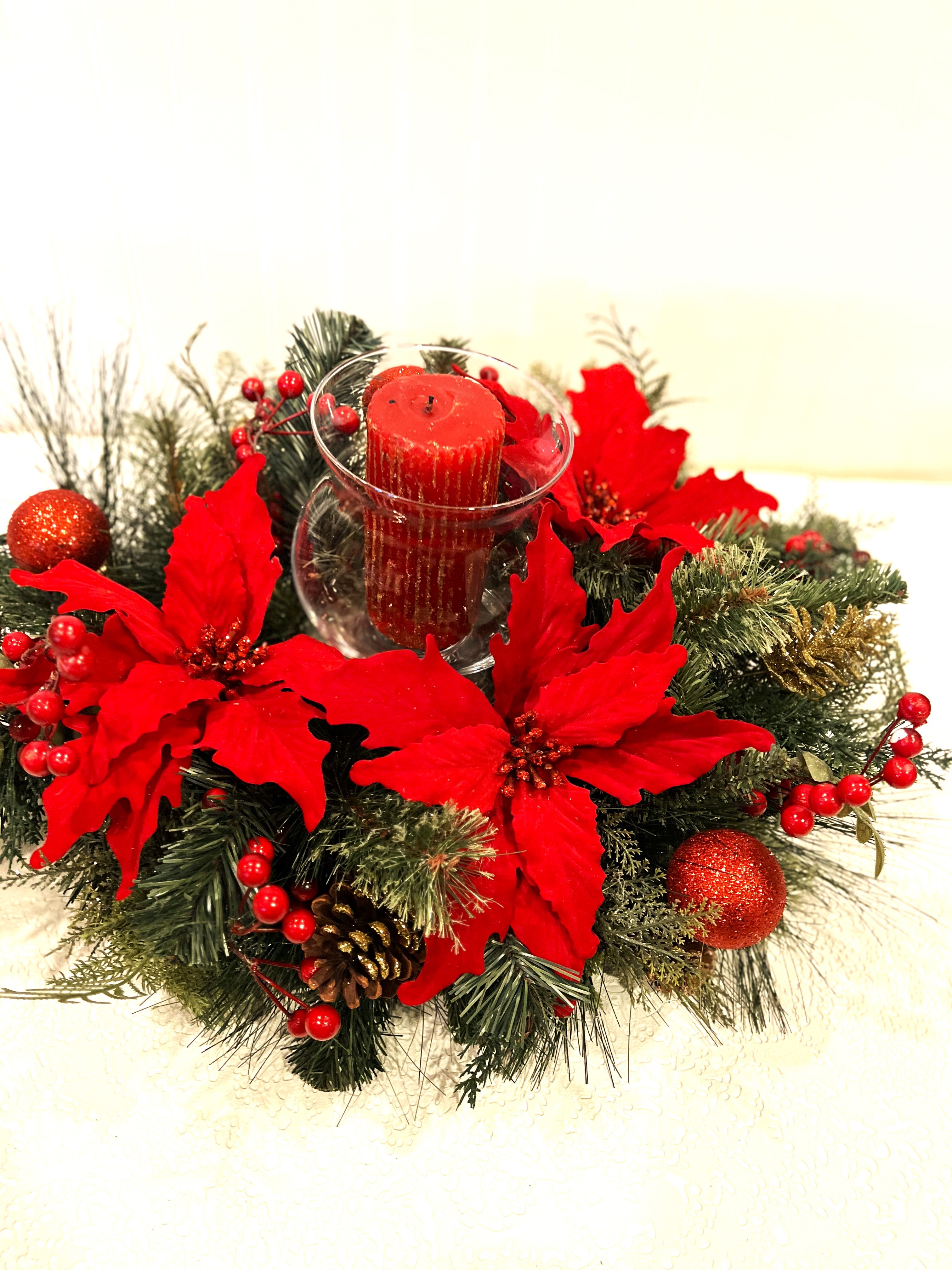 Traditional Christmas Centerpiece with Glass Bowl Candle Holder, 27" L X 15" W X 7" Bowl