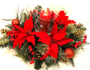 Traditional Christmas Centerpiece with Glass Bowl Candle Holder, 27" L X 15" W X 7" Bowl