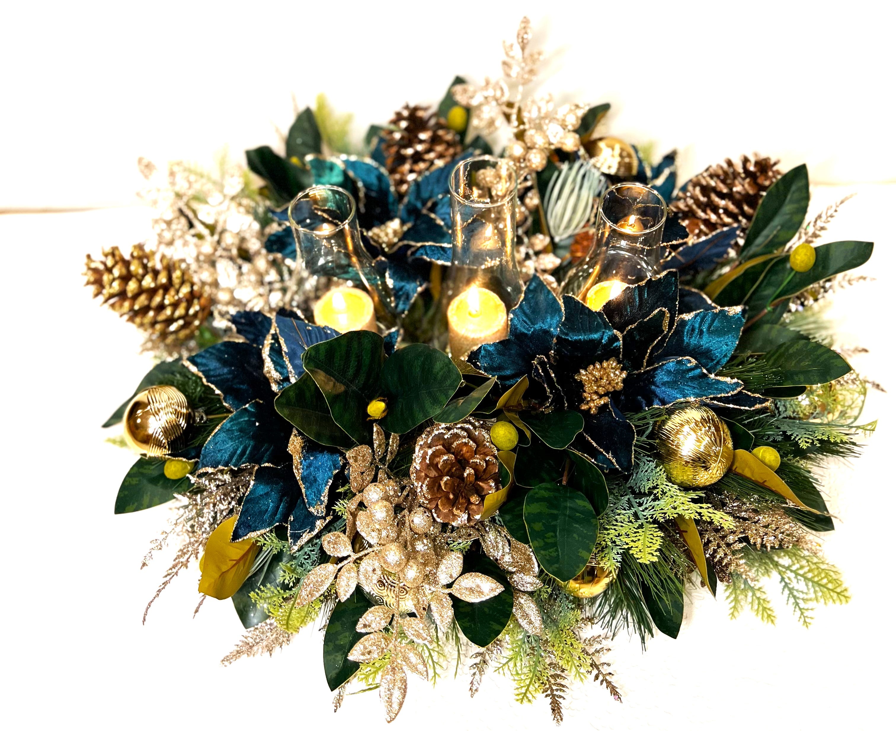 Royal Green Christmas Centerpiece with Hurricane Holder- 25" L X 22" W X15 " H