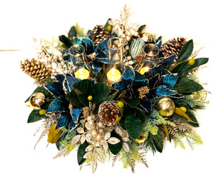 Royal Green Christmas Centerpiece with Hurricane Holder- 25" L X 22" W X15 " H