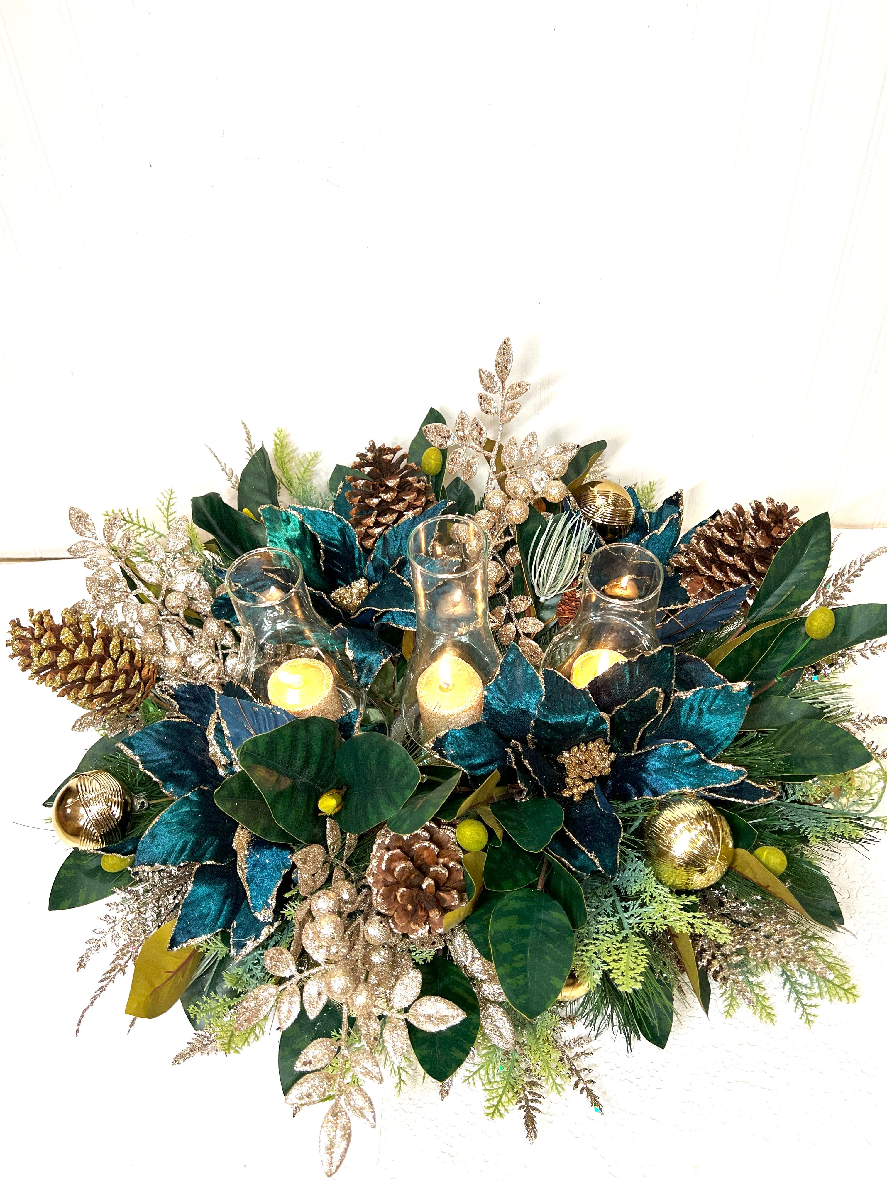 Royal Green Christmas Centerpiece with Hurricane Holder- 25" L X 22" W X15 " H