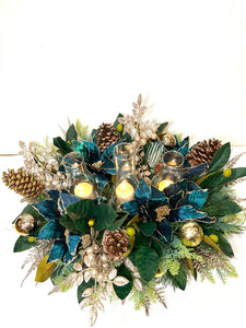 Royal Green Christmas Centerpiece with Hurricane Holder- 25" L X 22" W X15 " H