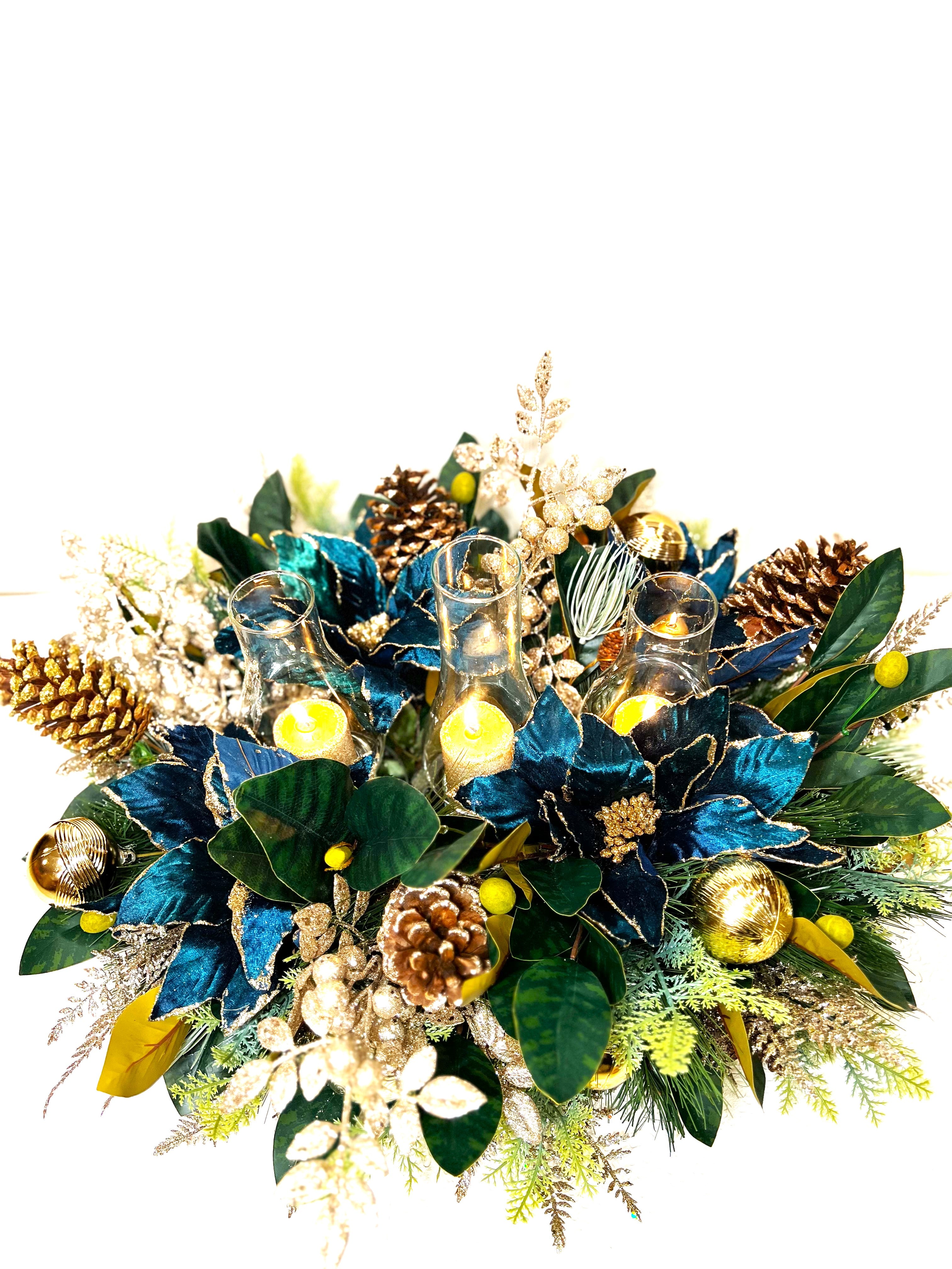 Royal Green Christmas Centerpiece with Hurricane Holder- 25" L X 22" W X15 " H