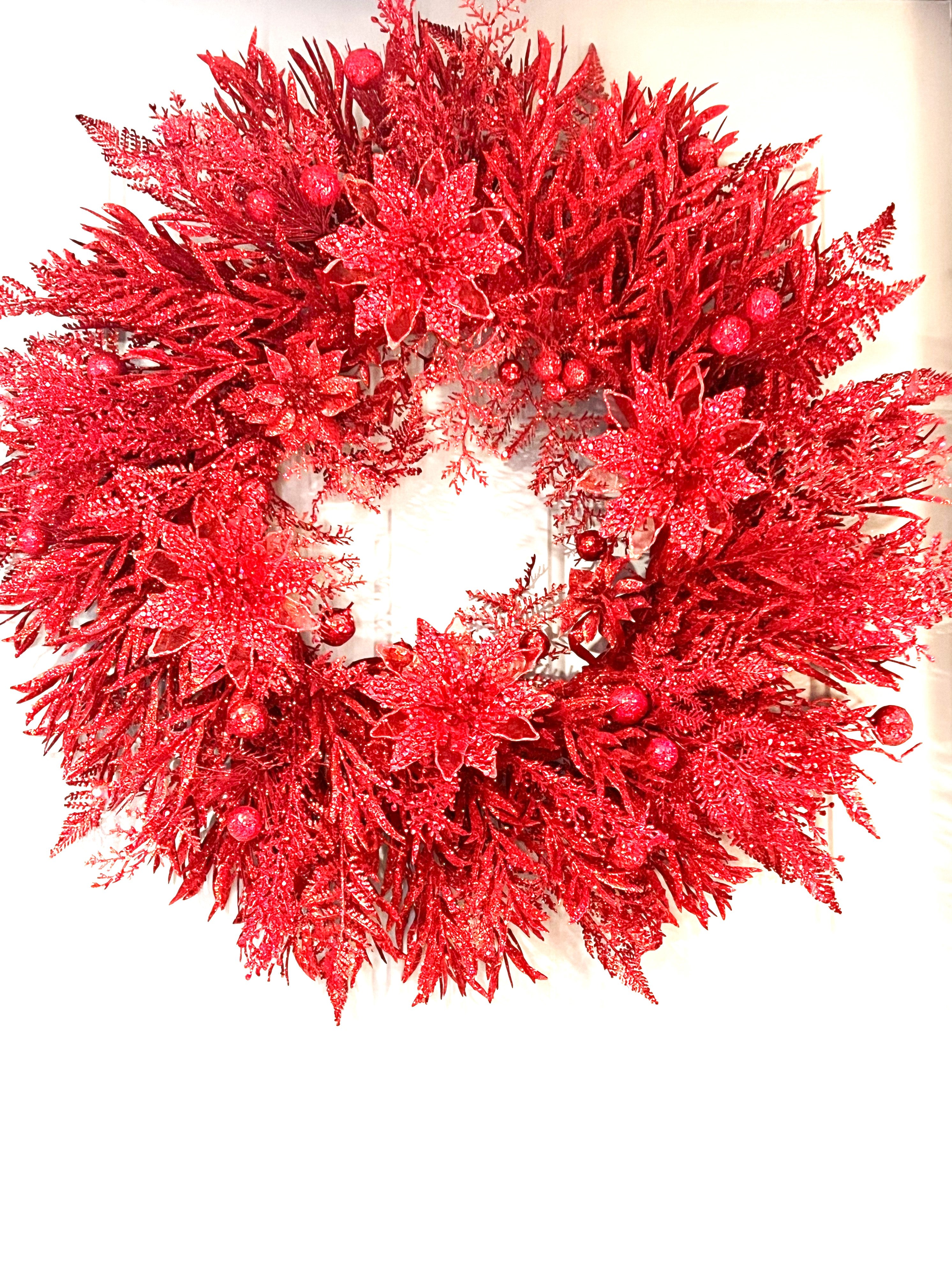 Festive Glittered-Red Bay Leaves Berry Wreath. 28" Diameter