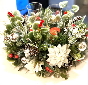 White Christmas Centerpiece-2 Tier Hurricane Glass Centerpiece