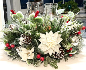 White Christmas Centerpiece-2 Tier Holiday Home Decor- 20"L X12" H X9" Hurricane glass