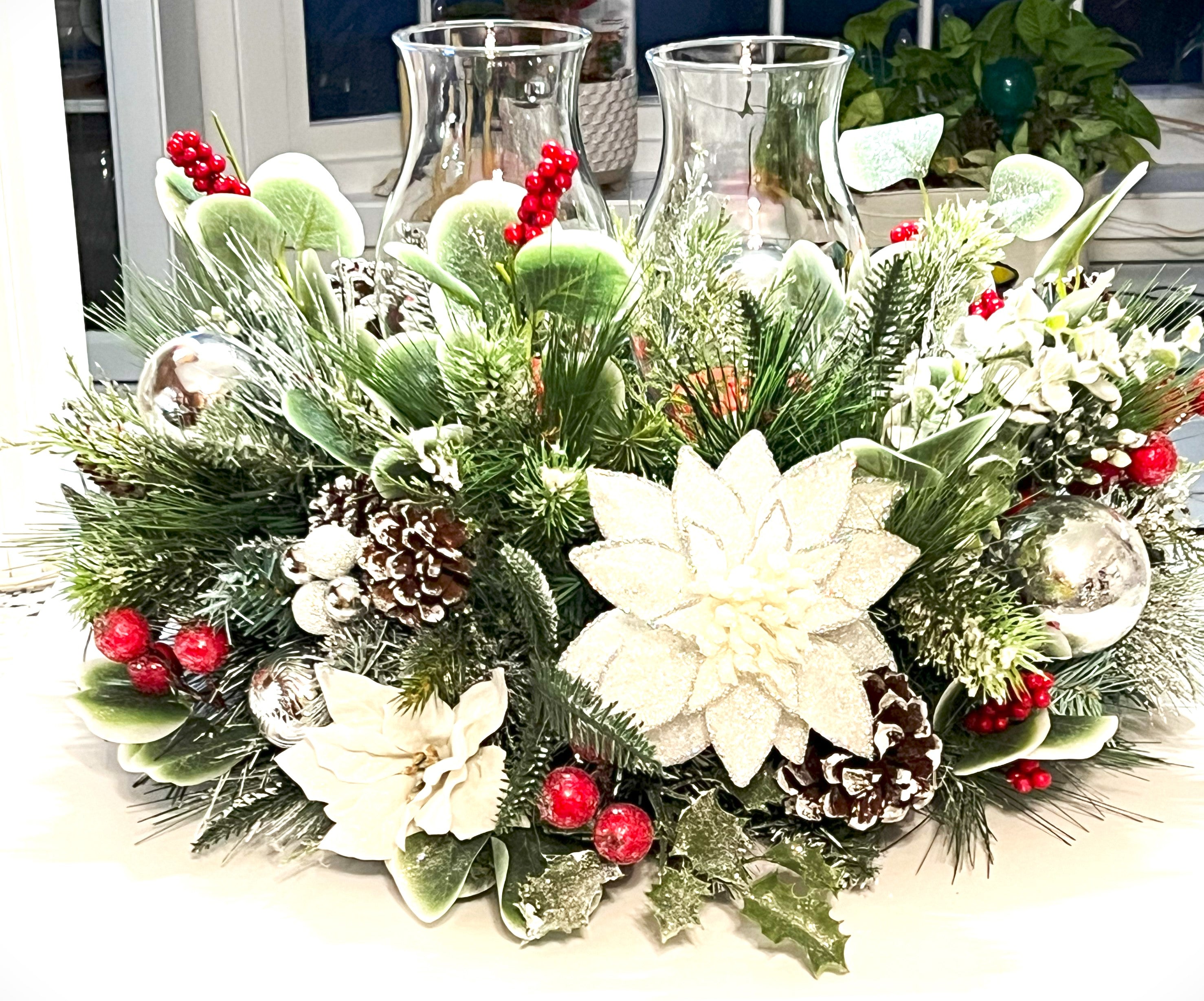 White Christmas Centerpiece-2 Tier Holiday Home Decor- 20"L X12" H X9" Hurricane glass