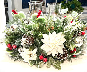 White Christmas Centerpiece-2 Tier Holiday Home Decor- 20"L X12" H X9" Hurricane glass