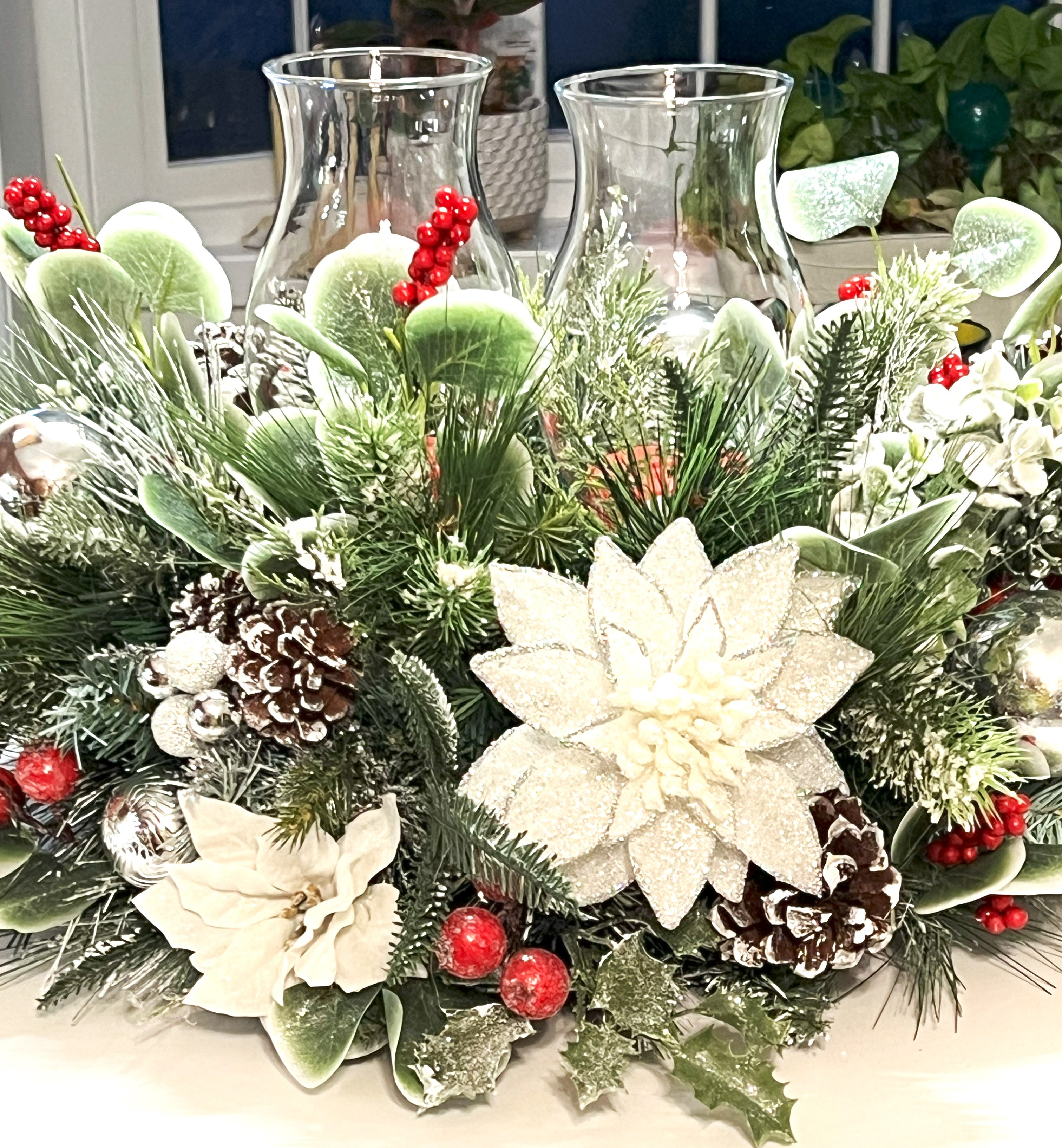 White Christmas Centerpiece-2 Tier Holiday Home Decor- 20"L X12" H X9" Hurricane glass