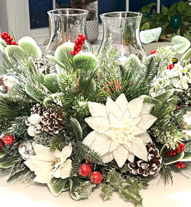 White Christmas Centerpiece-2 Tier Holiday Home Decor- 20"L X12" H X9" Hurricane glass