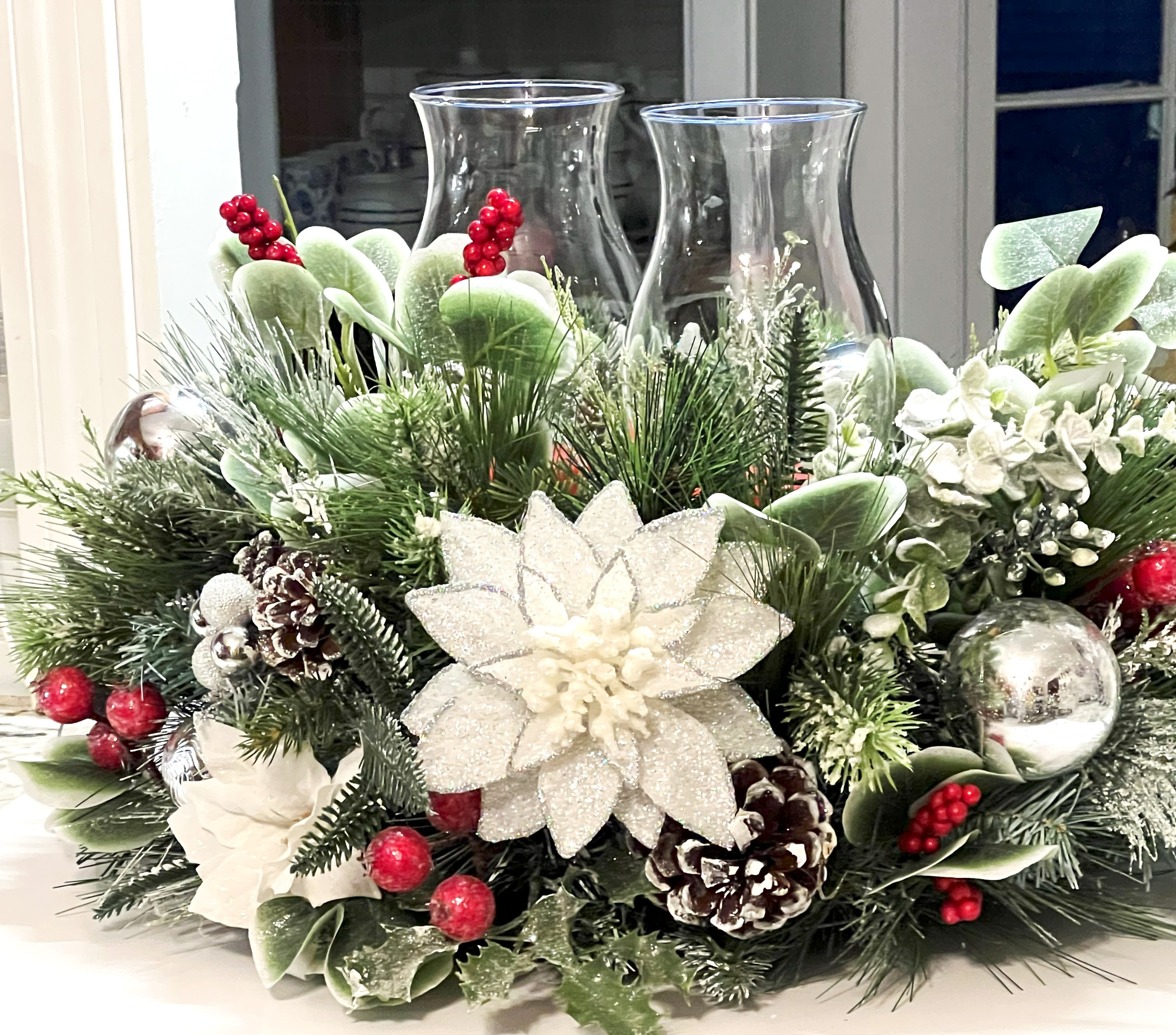 White Christmas Centerpiece-2 Tier Hurricane Glass Centerpiece