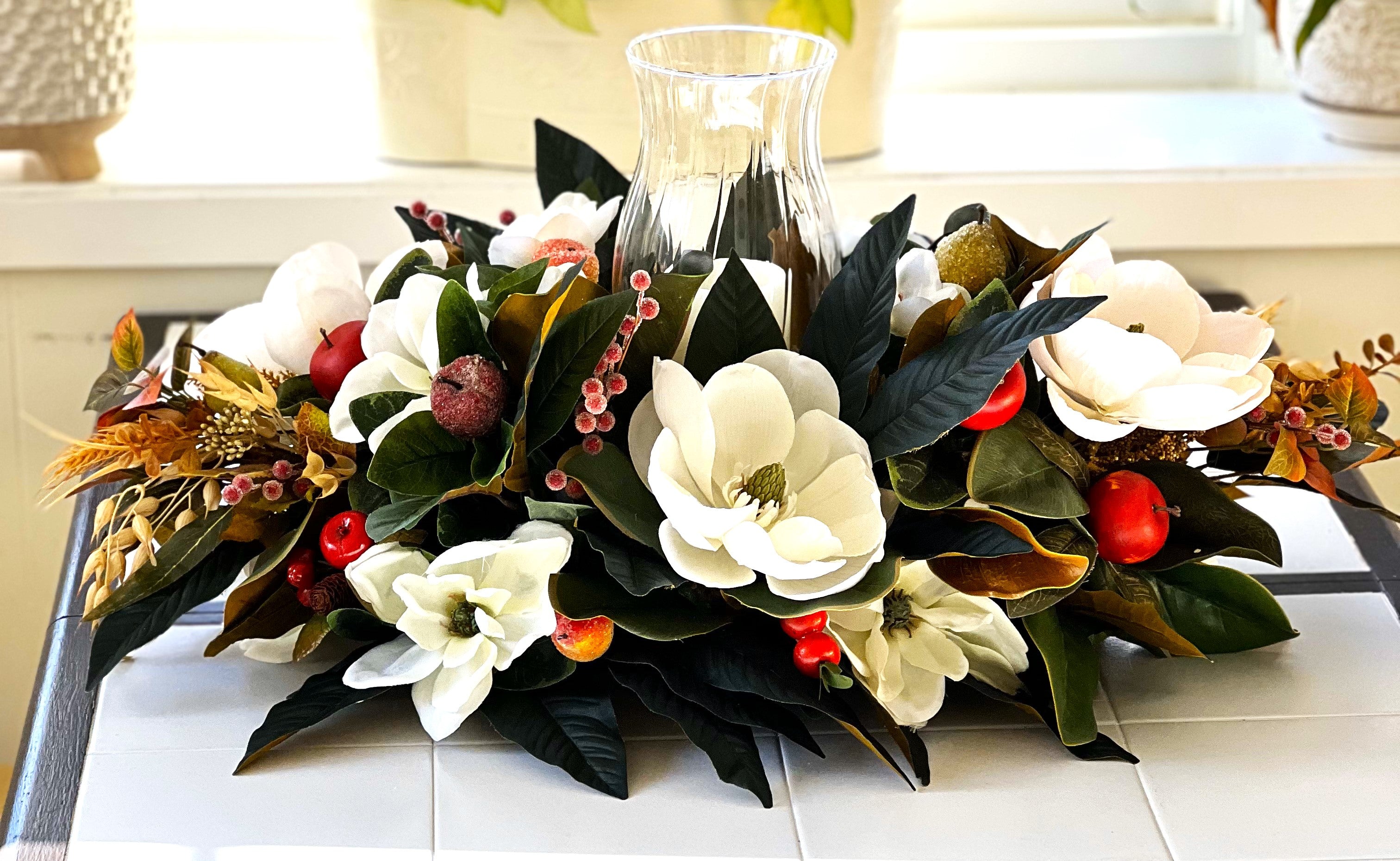 Centerpiece-Luxury Magnolia Centerpiece With Hurricane Glass- All Season- 15 L X 14"W