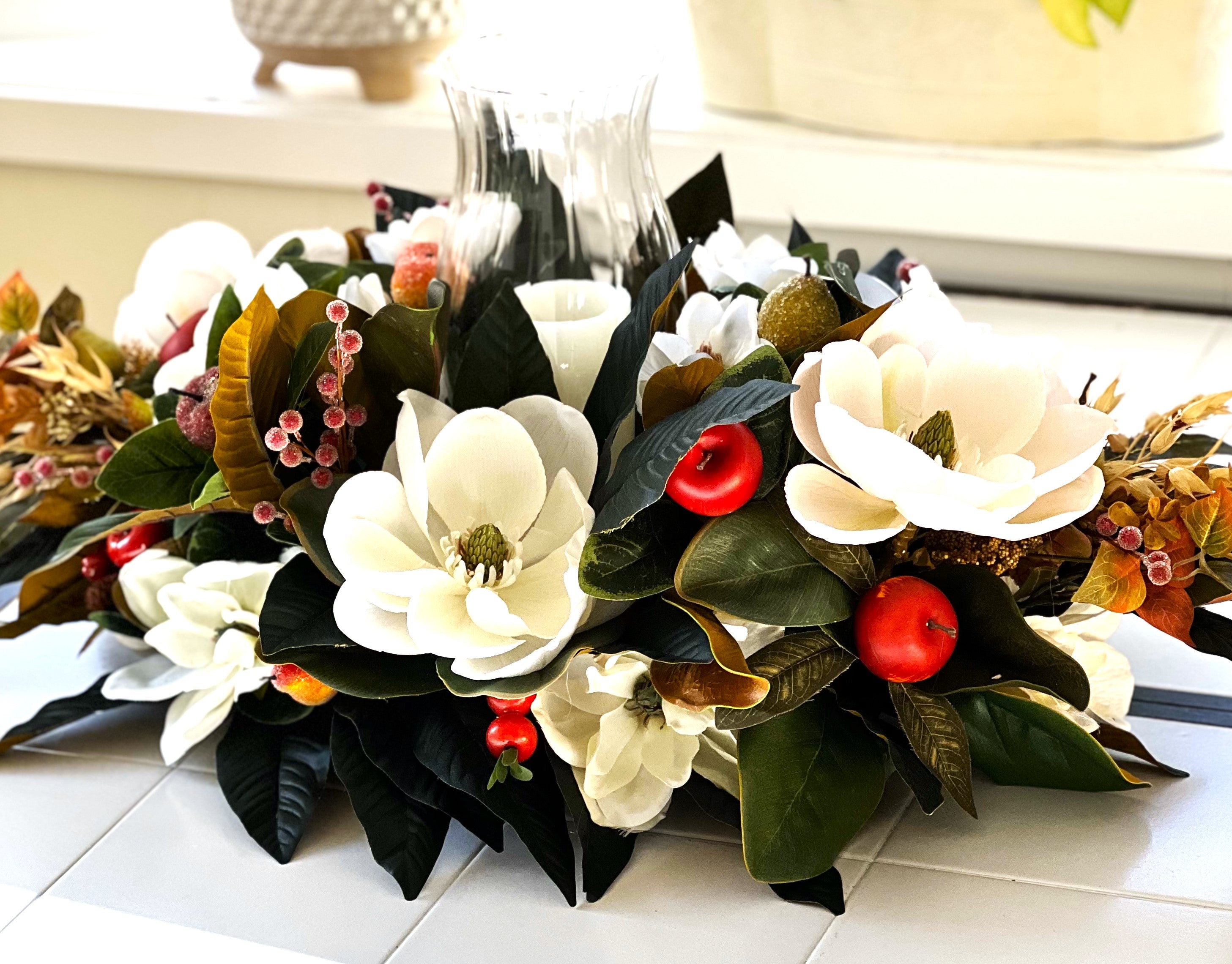 Centerpiece-Luxury Magnolia Centerpiece With Hurricane Glass- All Season- 15 L X 14"W
