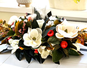 Centerpiece-Luxury Magnolia Centerpiece With Hurricane Glass- All Season- 15 L X 14"W