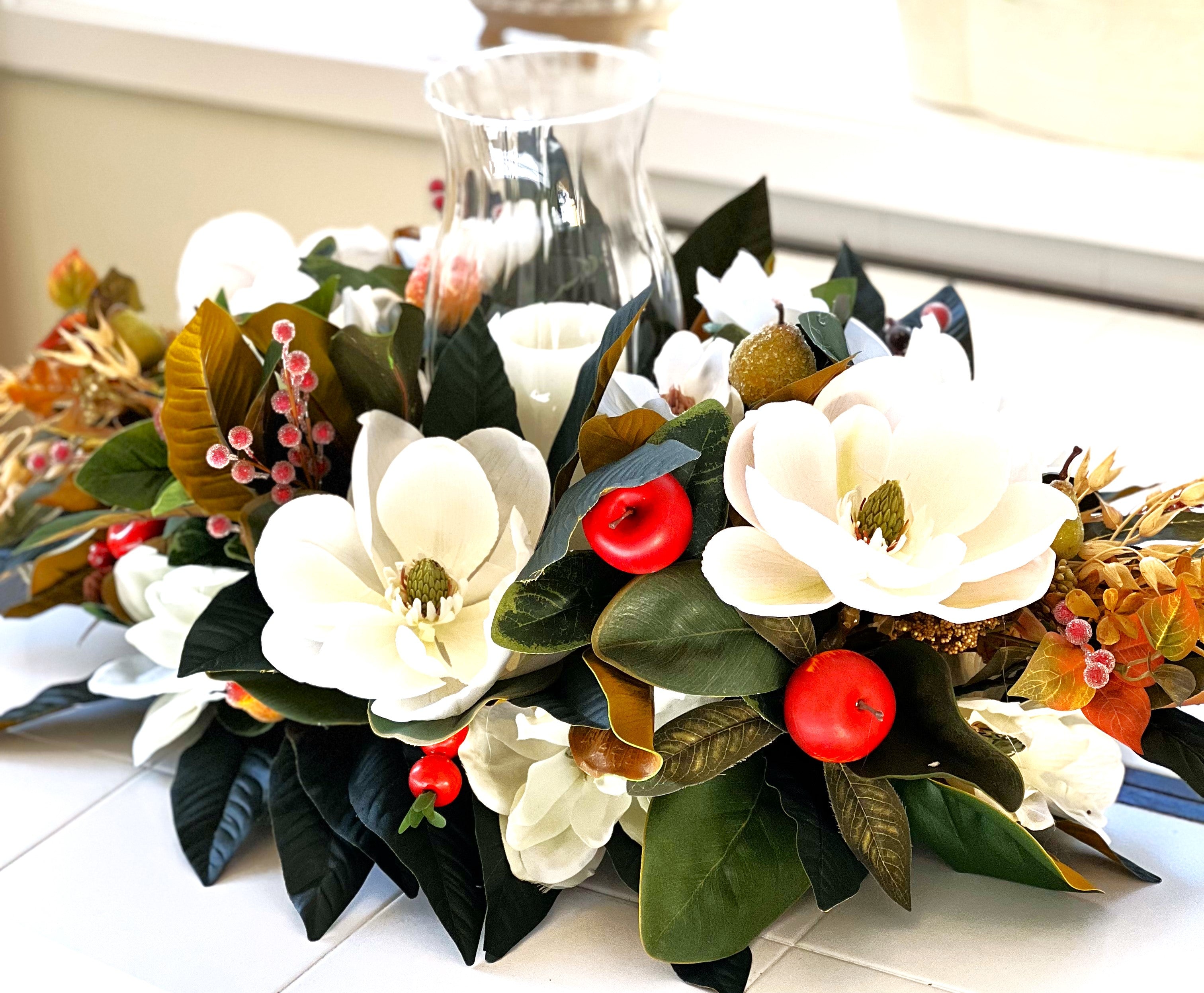 Centerpiece-Luxury Magnolia Centerpiece With Hurricane Glass- All Season- 15 L X 14"W
