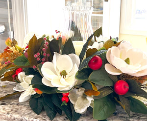 Centerpiece-Luxury Magnolia Centerpiece With Hurricane Glass- All Season- 15 L X 14"W