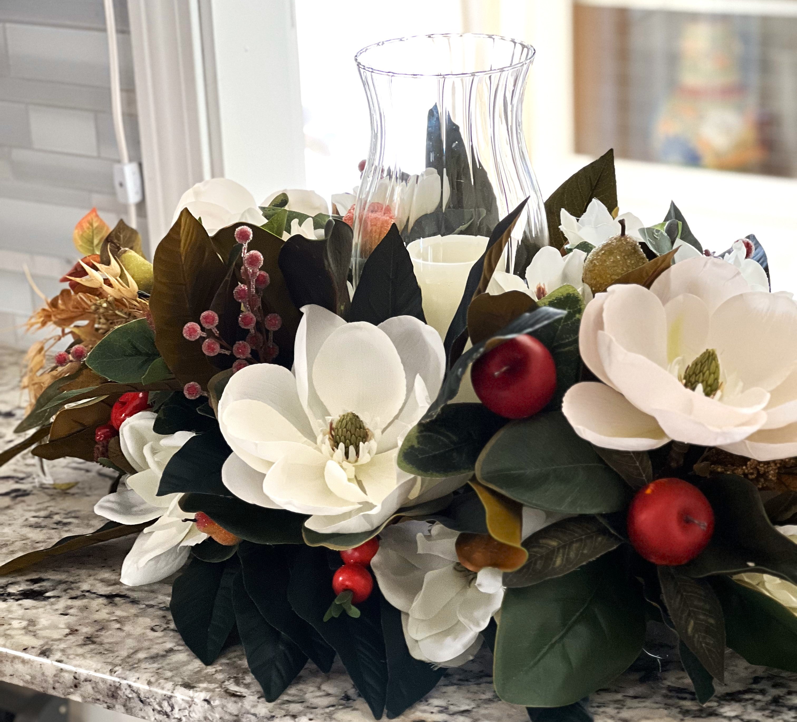 Centerpiece-Luxury Magnolia Centerpiece With Hurricane Glass- All Season- 15 L X 14"W