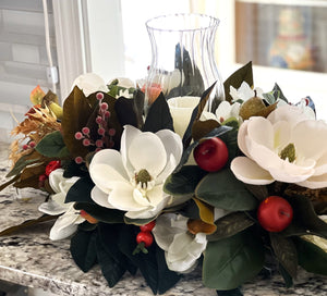 Centerpiece-Luxury Magnolia Centerpiece With Hurricane Glass- All Season- 15 L X 14"W