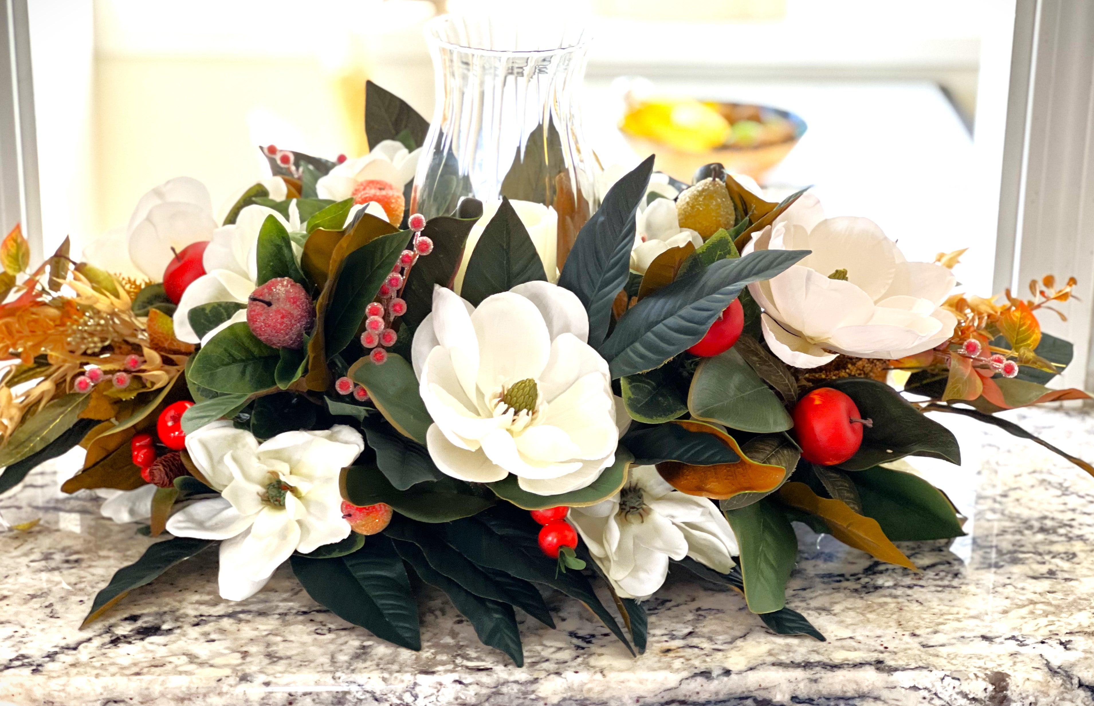 Centerpiece-Luxury Magnolia Centerpiece With Hurricane Glass- All Season- 15 L X 14"W