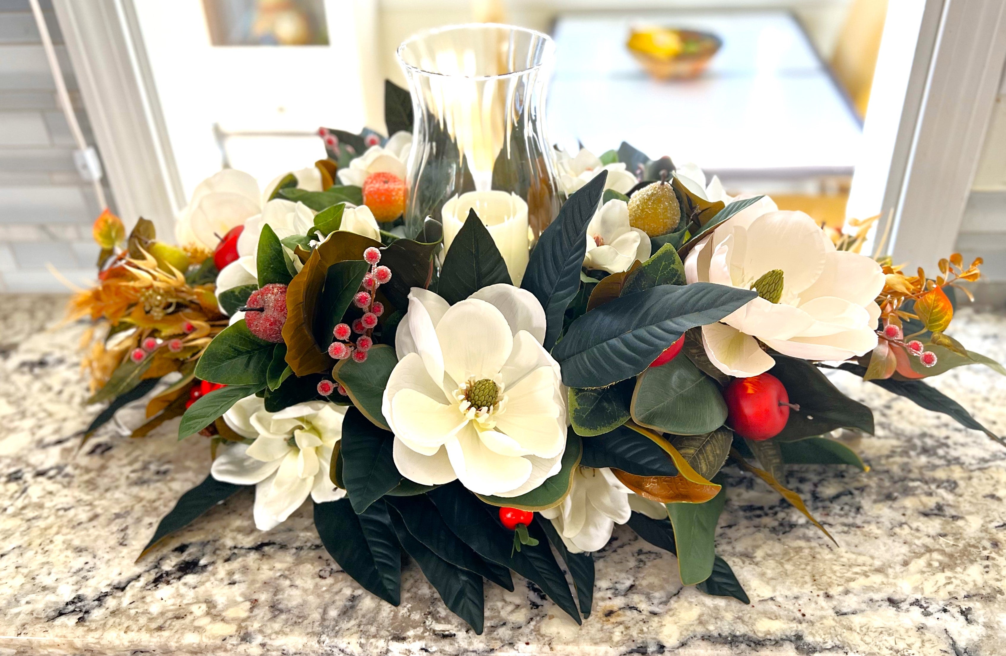Centerpiece-Luxury Magnolia Centerpiece With Hurricane Glass- All Season- 15 L X 14"W
