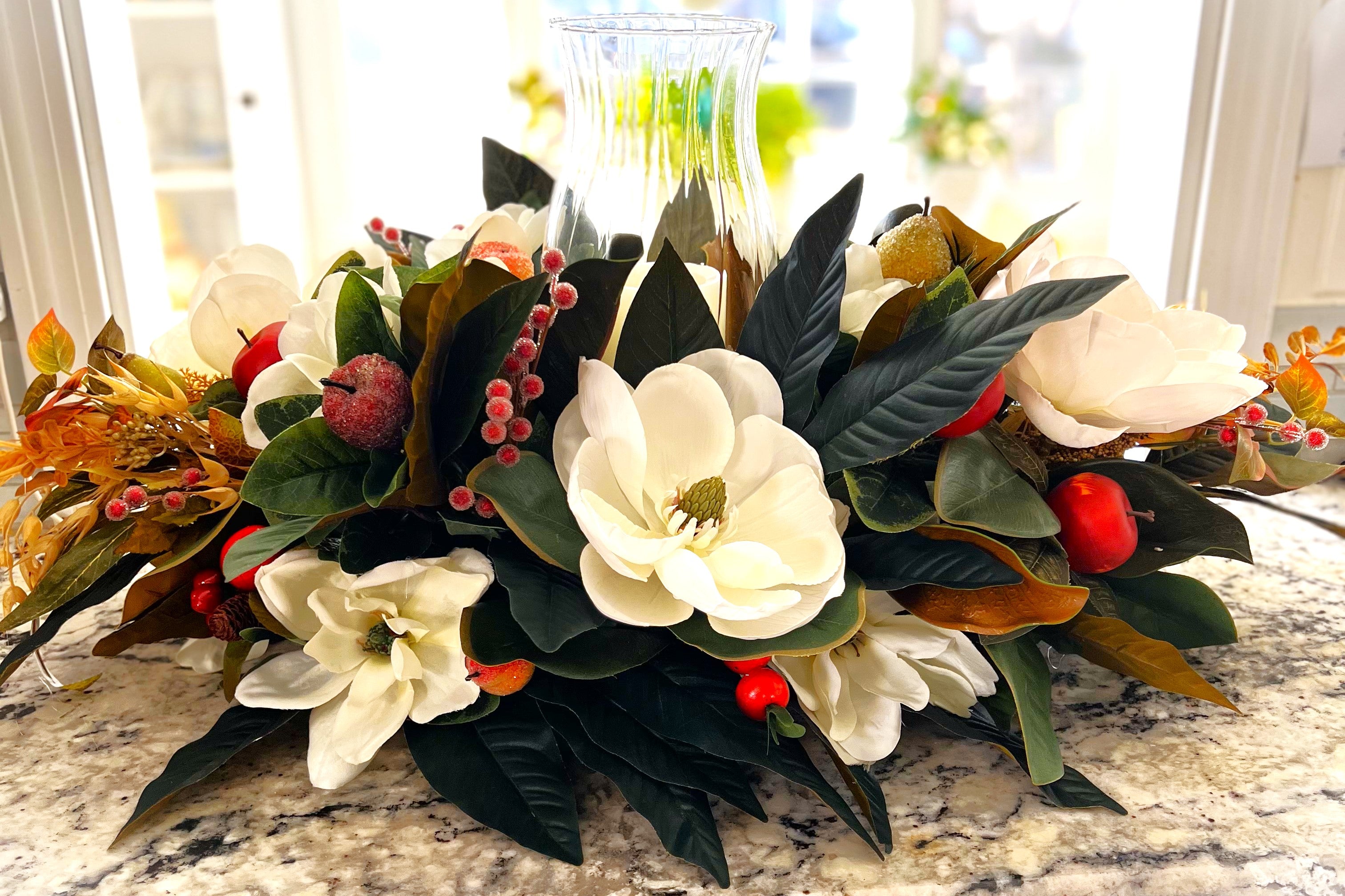 Centerpiece-Luxury Magnolia Centerpiece With Hurricane Glass- All Season- 15 L X 14"W