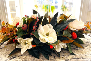 Centerpiece-Luxury Magnolia Centerpiece With Hurricane Glass- All Season- 15 L X 14"W