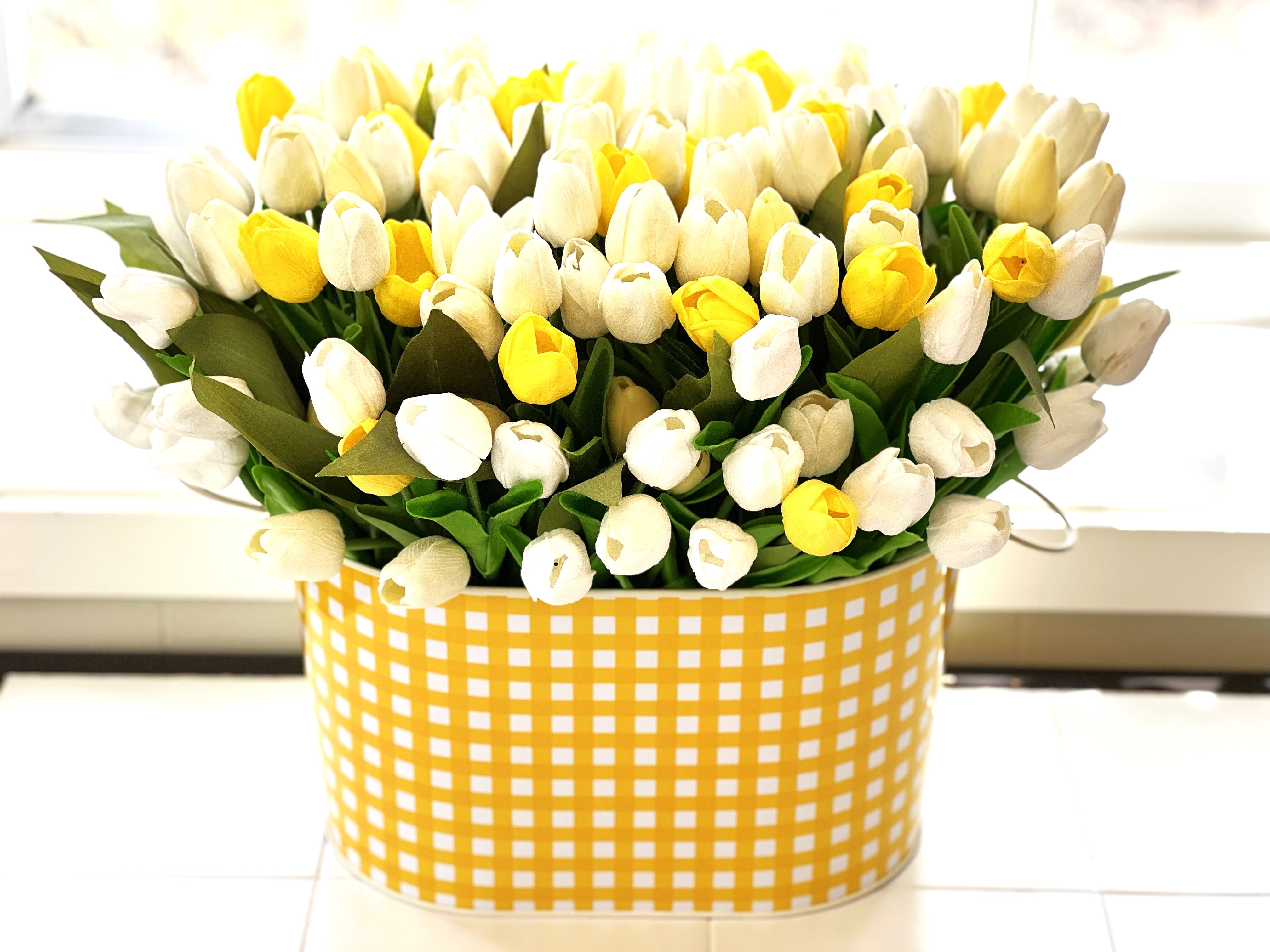 Spring Floral- White/Yellow Realistic Tulip Centerpiece- 20" W X 15" H X 8" Metal Container