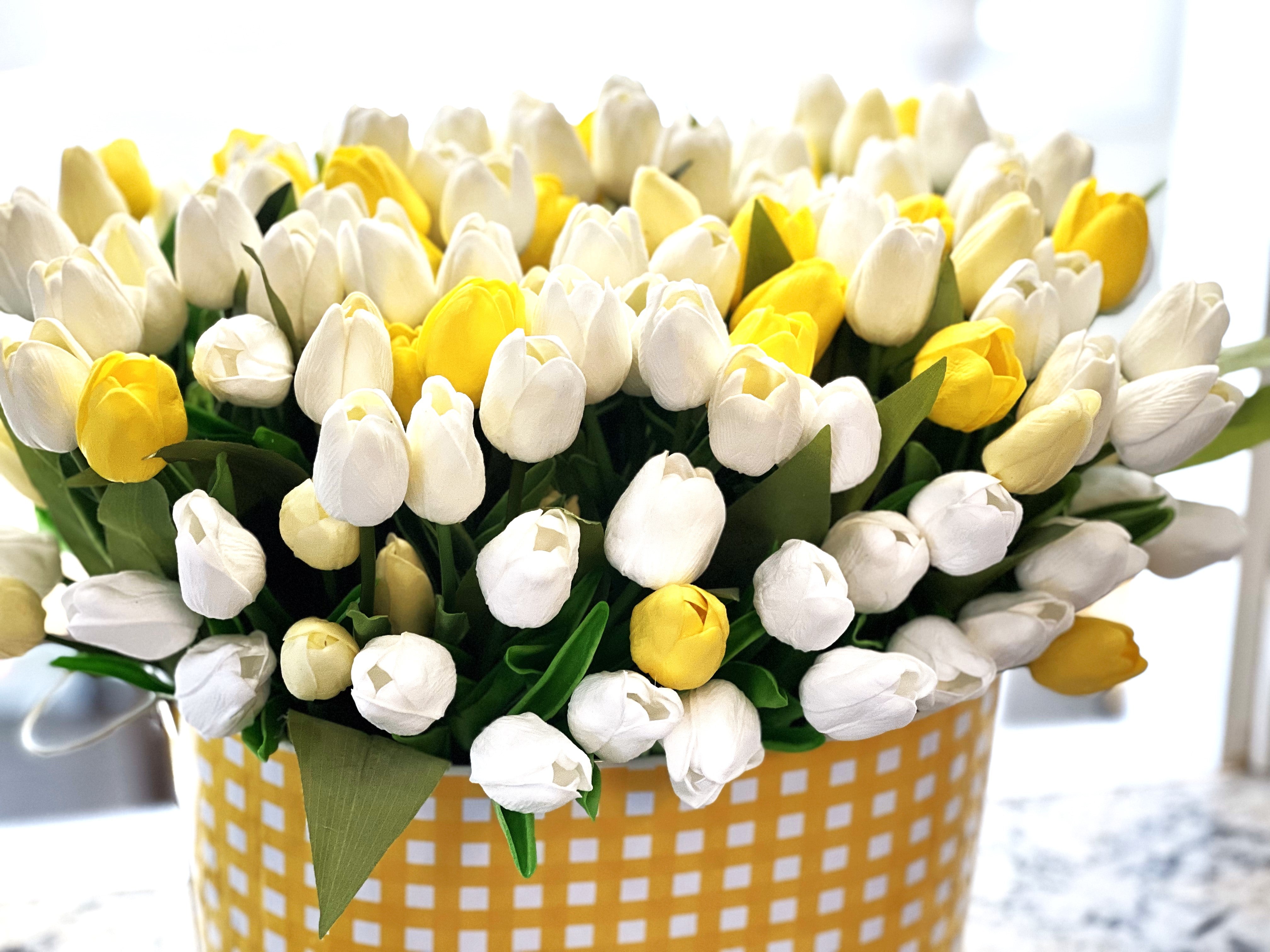 Spring Floral- White/Yellow Realistic Tulip Centerpiece- 20" W X 15" H X 8" Metal Container