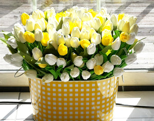 Spring Floral- White/Yellow Realistic Tulip Centerpiece- 20" W X 15" H X 8" Metal Container