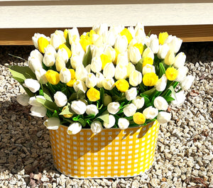 Spring Floral- White/Yellow Realistic Tulip Centerpiece- 20" W X 15" H X 8" Metal Container