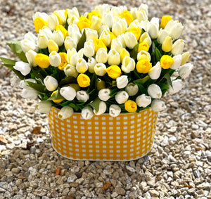 Spring Floral- White/Yellow Realistic Tulip Centerpiece- 20" W X 15" H X 8" Metal Container