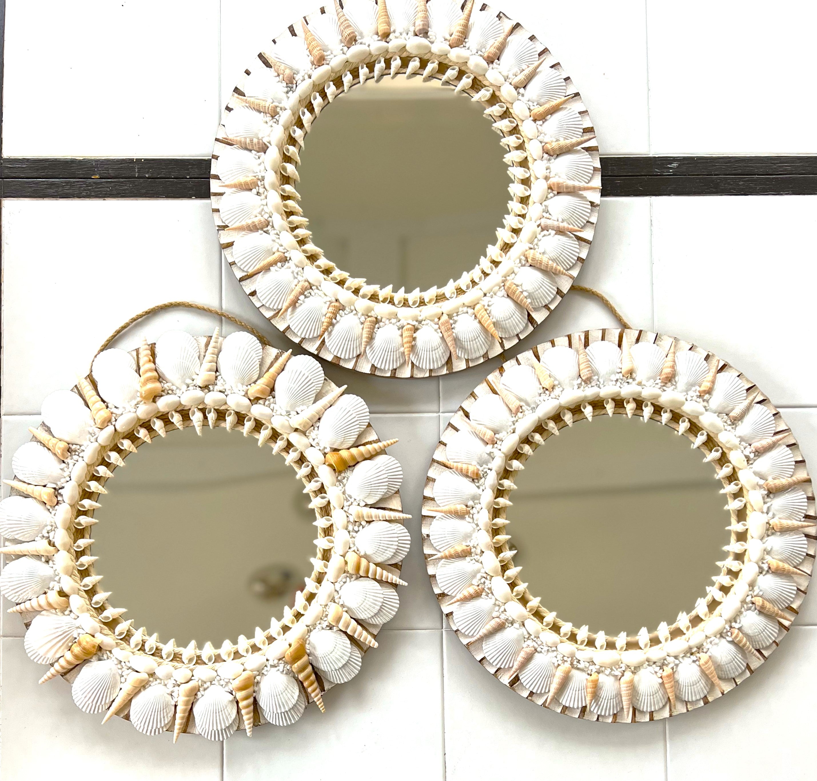 Seashell Mirror, Set of 3- 14 Inch Round With 8 " Mirror