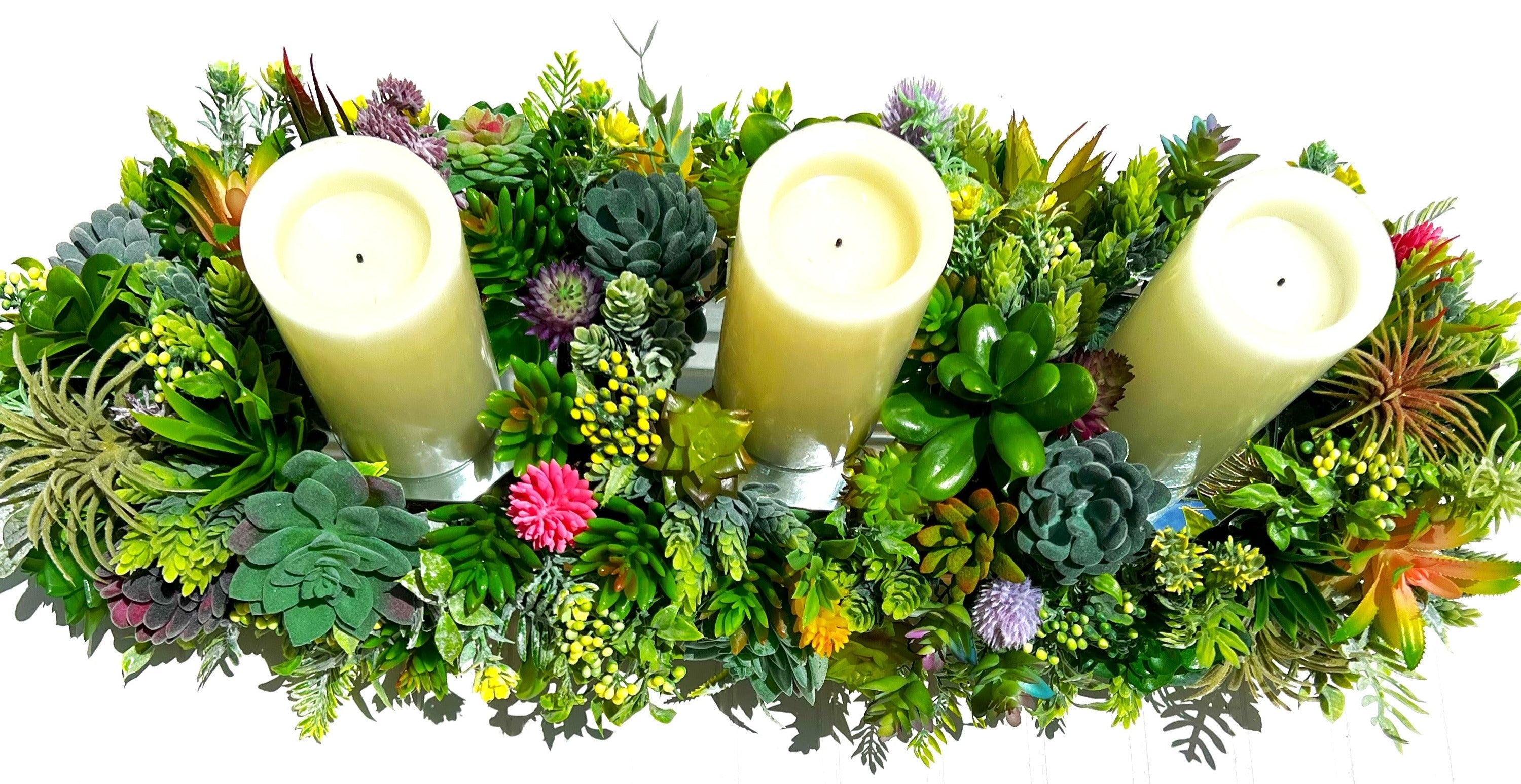Succulent Glow- Tri-Candle Centerpiece- Home Decor 30" Long X 11" Wide