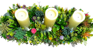 Succulent Glow- Tri-Candle Centerpiece- Home Decor 30" Long X 11" Wide