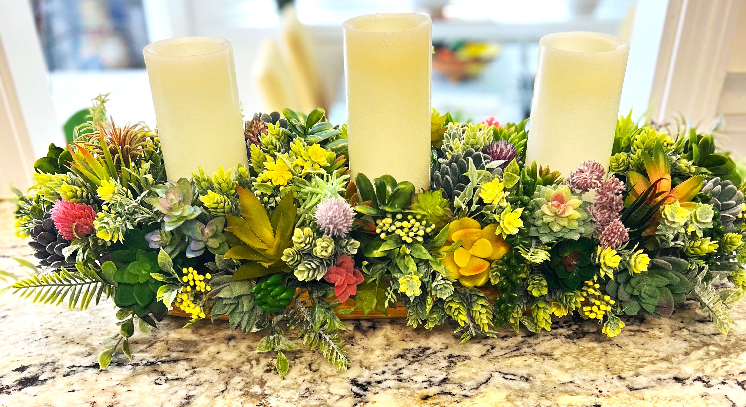 Succulent Glow- Tri-Candle Centerpiece- Home Decor 30" Long X 11" Wide