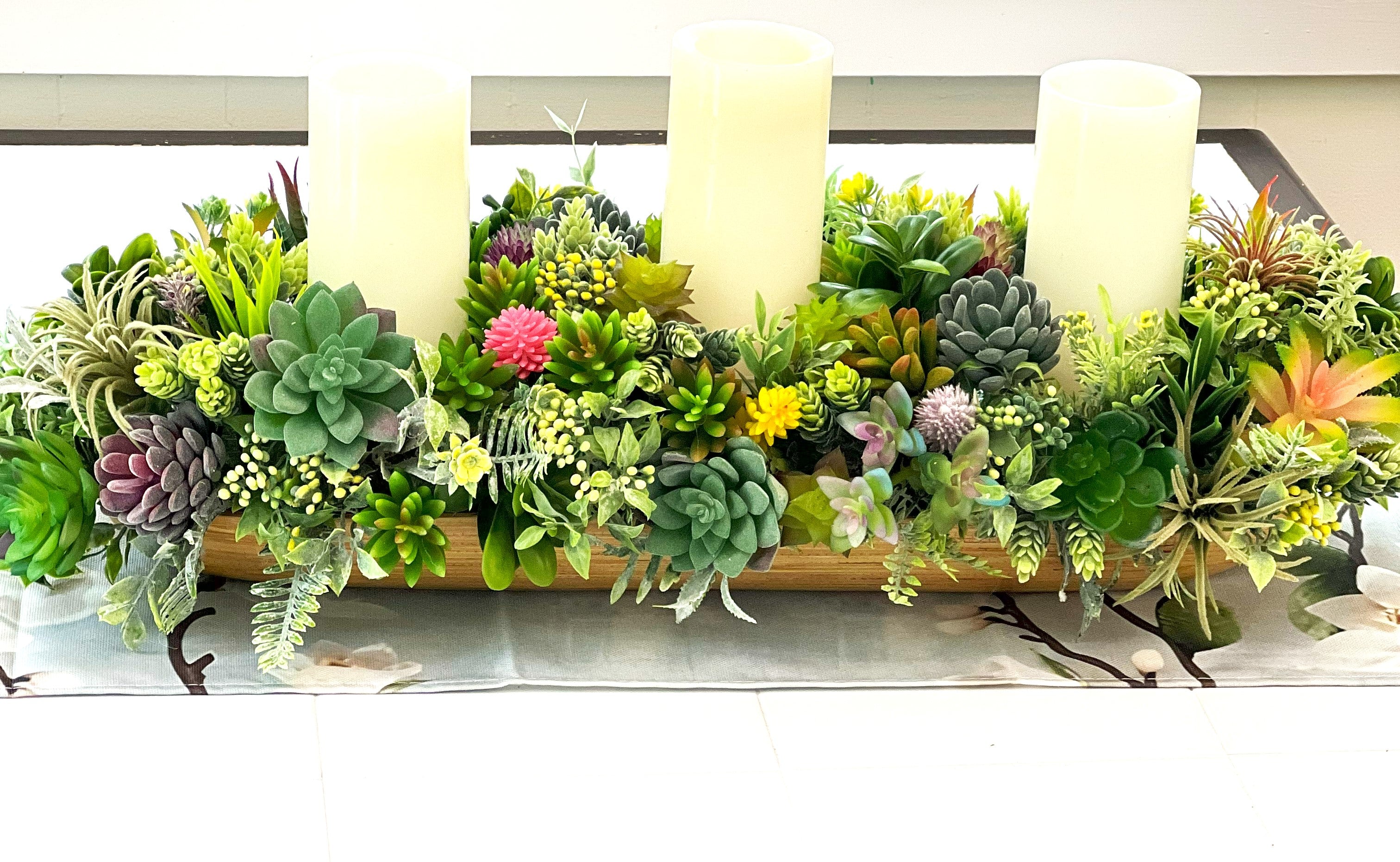 Succulent Glow- Tri-Candle Centerpiece- Home Decor 30" Long X 11" Wide