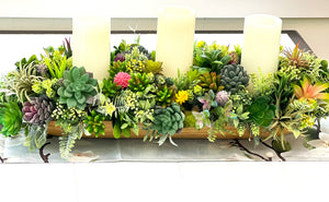 Succulent Glow- Tri-Candle Centerpiece- Home Decor 30" Long X 11" Wide