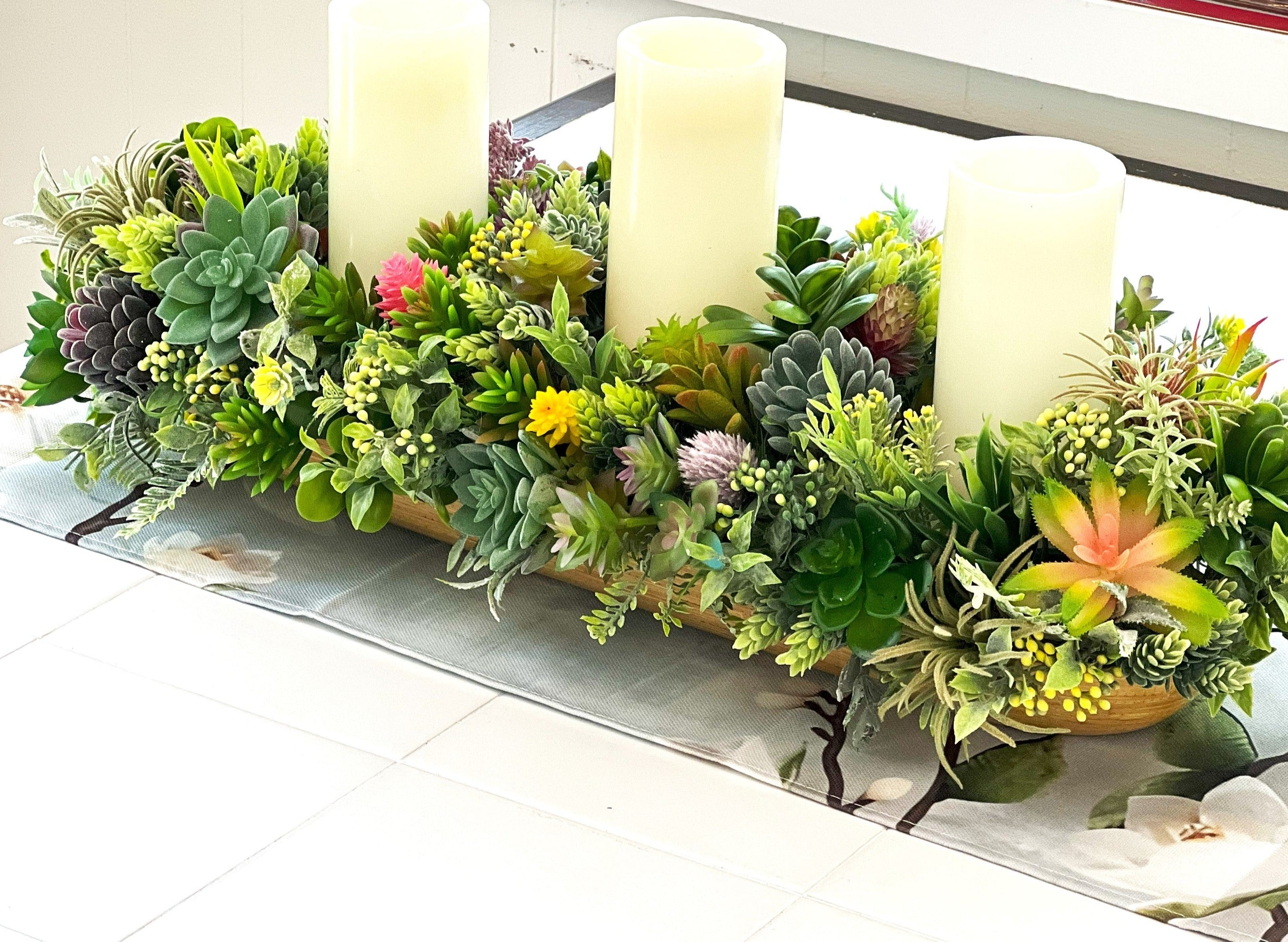 Succulent Glow- Tri-Candle Centerpiece- Home Decor 30" Long X 11" Wide