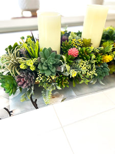 Succulent Glow- Tri-Candle Centerpiece- Home Decor 30" Long X 11" Wide