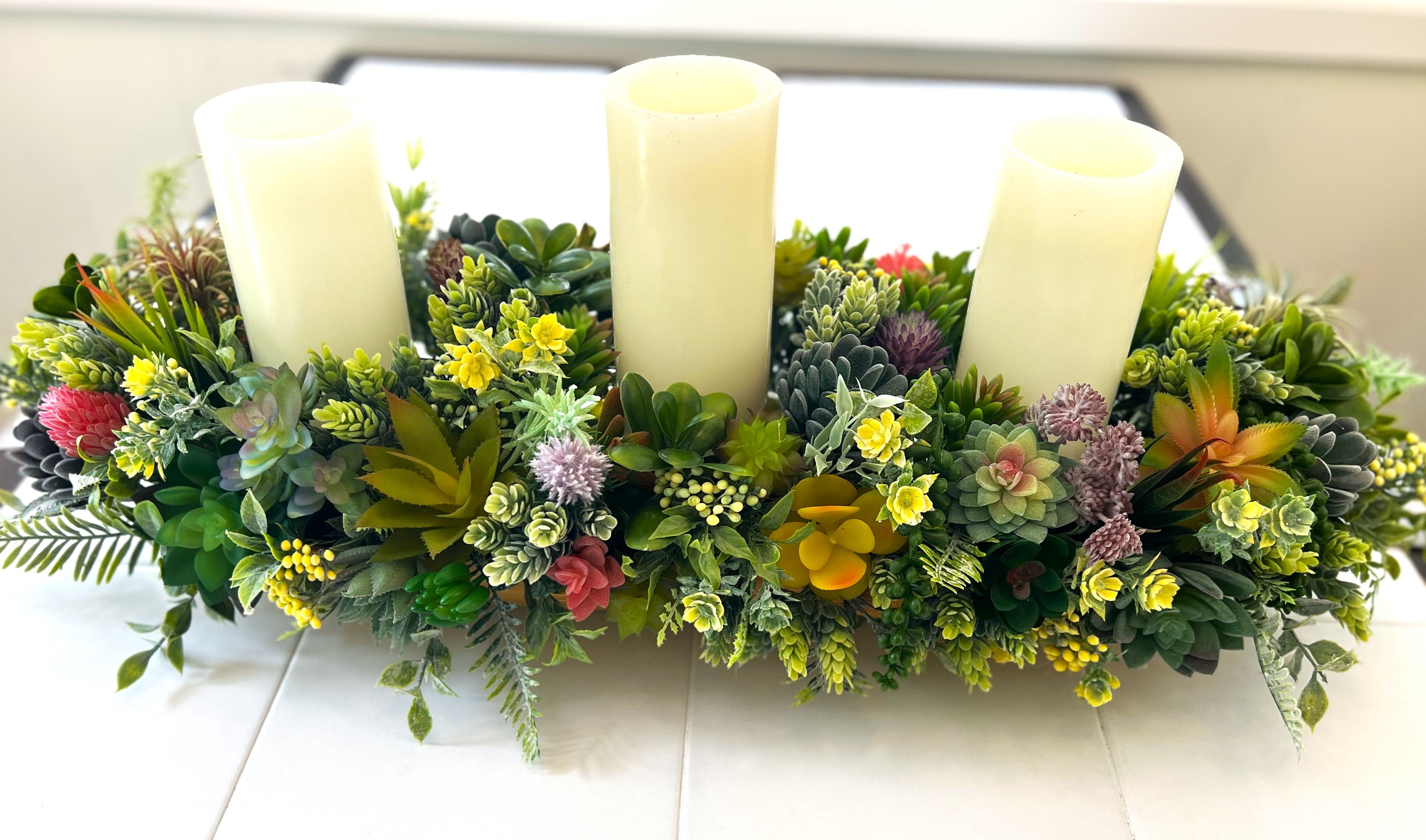 Succulent Glow- Tri-Candle Centerpiece- Home Decor 30" Long X 11" Wide