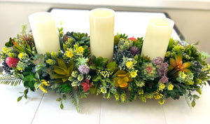 Succulent Glow- Tri-Candle Centerpiece- Home Decor 30" Long X 11" Wide