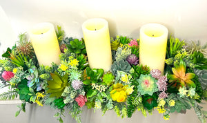 Succulent Glow- Tri-Candle Centerpiece- Home Decor 30" Long X 11" Wide