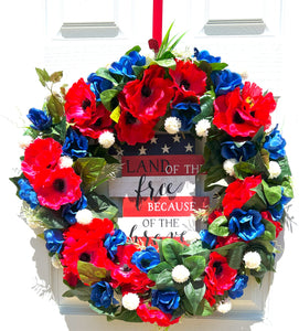 Red Poppy Anemone Wreath 28" Patriotic Wreath, "Land of the Free Because of the Brave"